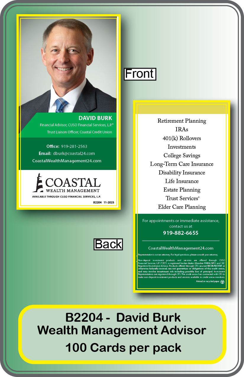 WEALTH MANAGEMENT- DAVID BURK **<b>Order By: Pack of100 cards<b>